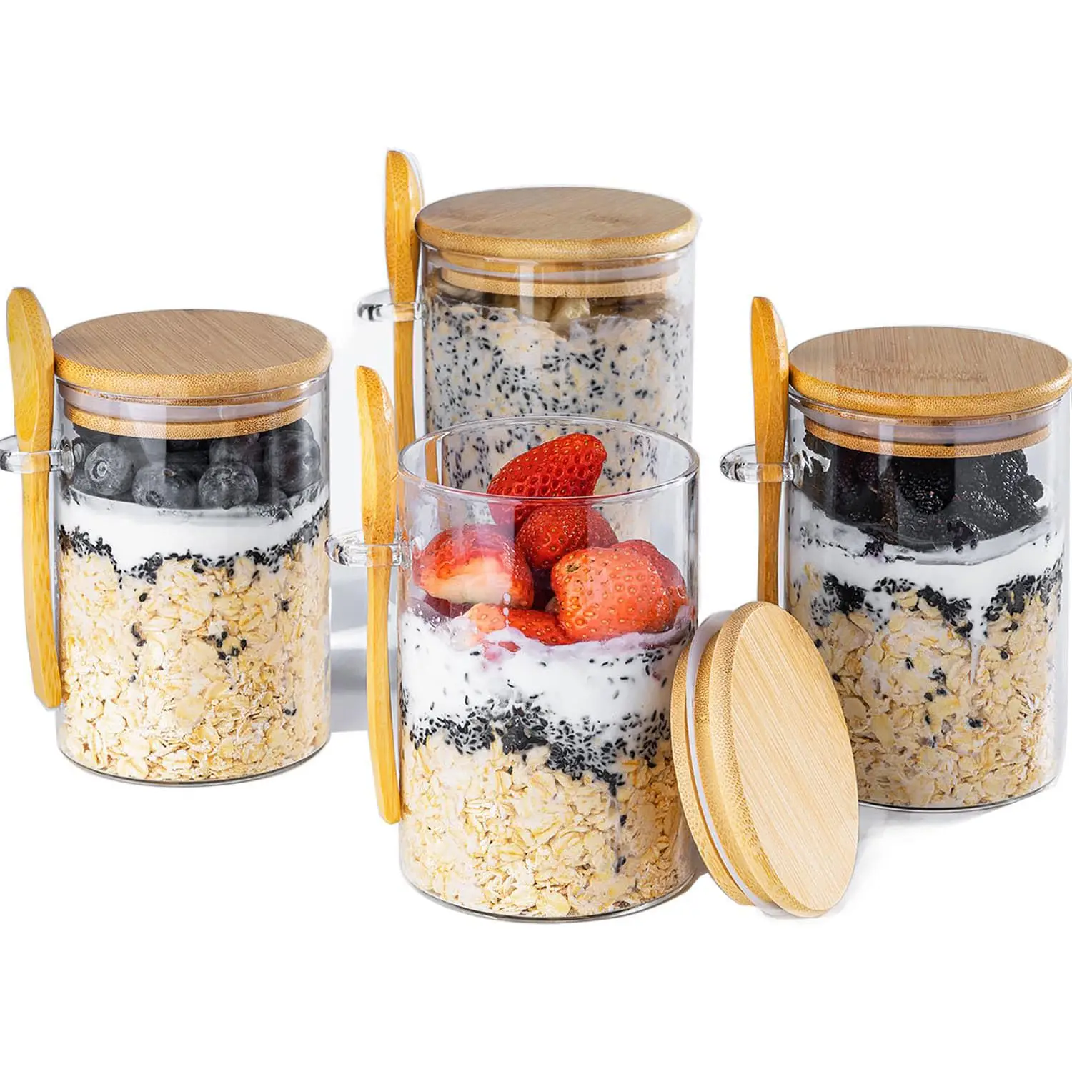4-Pack 16oz Overnight Oats Containers with Bamboo Lids - Wide Mouth Glass Jars, Airtight & Leak-Proof, Versatile for Meal Prep Organiser, Bottles