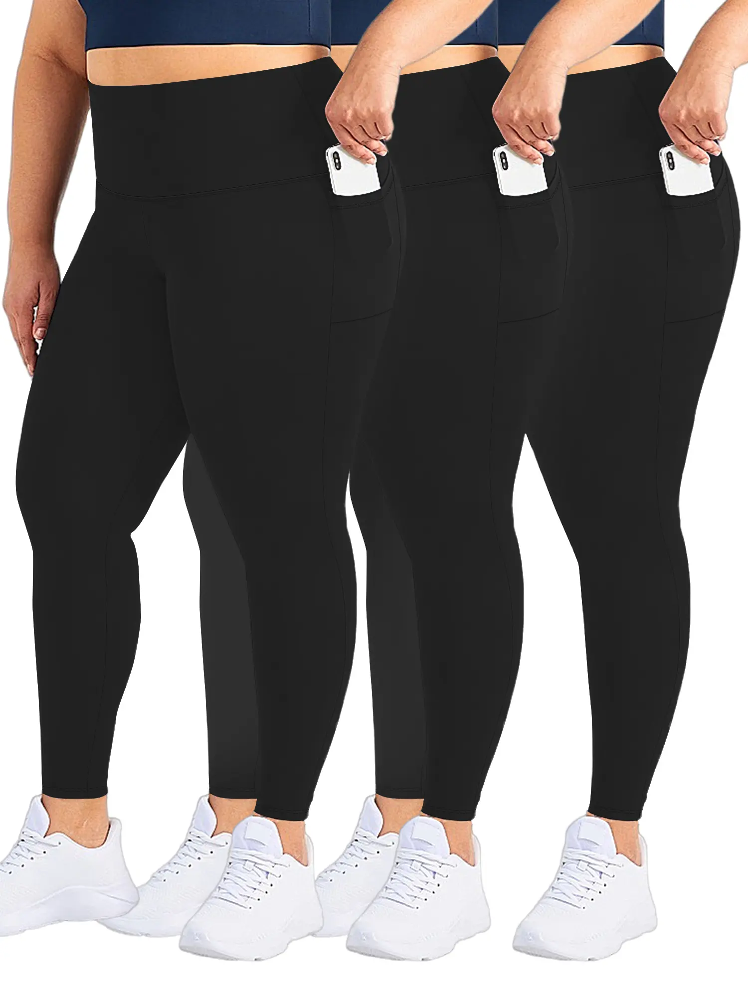3packs Plus Size High Waisted Side Pocket Leggings for Women Workout Gym Tummy Control Compression Butt Lift Leggings Yoga Pants