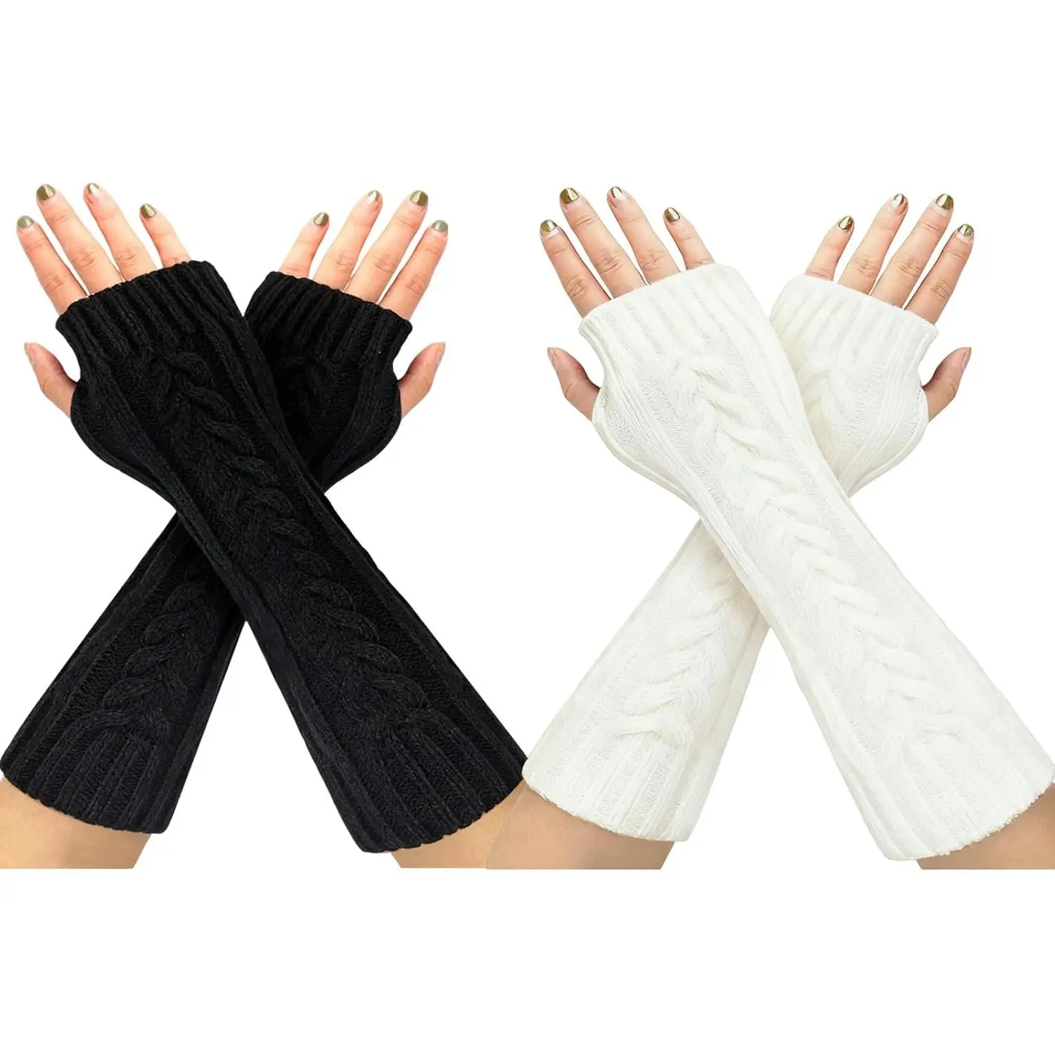 Sports Long Fingerless Gloves, Cable-Knitted Arm Warmers with Thumb Holes for Winter Sports & Outdoor Activities, Gloves Long Fingerless Sports
