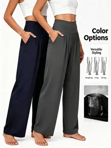 NunuFlex Women's High Waist Wide Leg Loungewear Bottoms - Summer Breathable Plus Size Stretch Nightwear with Pockets, Lightweight Soft Minimalist Basic Casual Sleep & Workout Trousers (1/2 Packs)