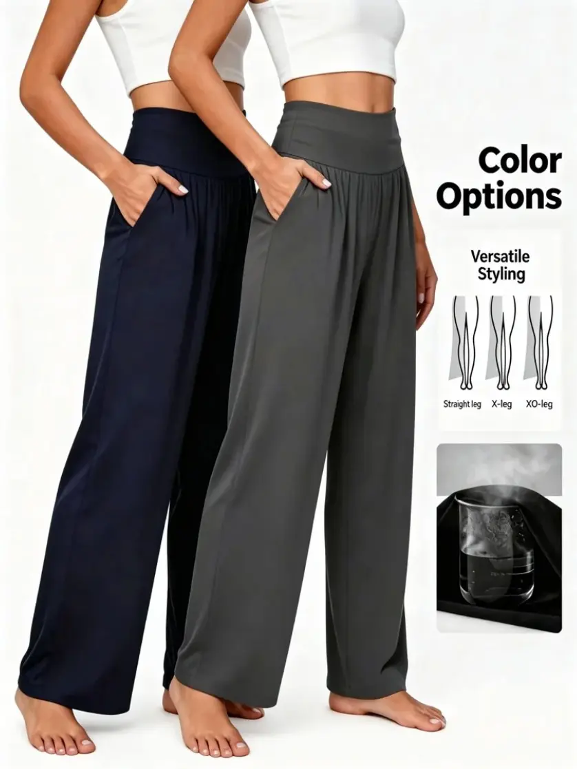 NunuFlex Women's High Waist Wide Leg Loungewear Pants - Summer Breathable Plus Size Curvy Bodies Nightwear, Lightweight Comfortable Soft Stretch Bottoms with Pockets (1/2 Packs)