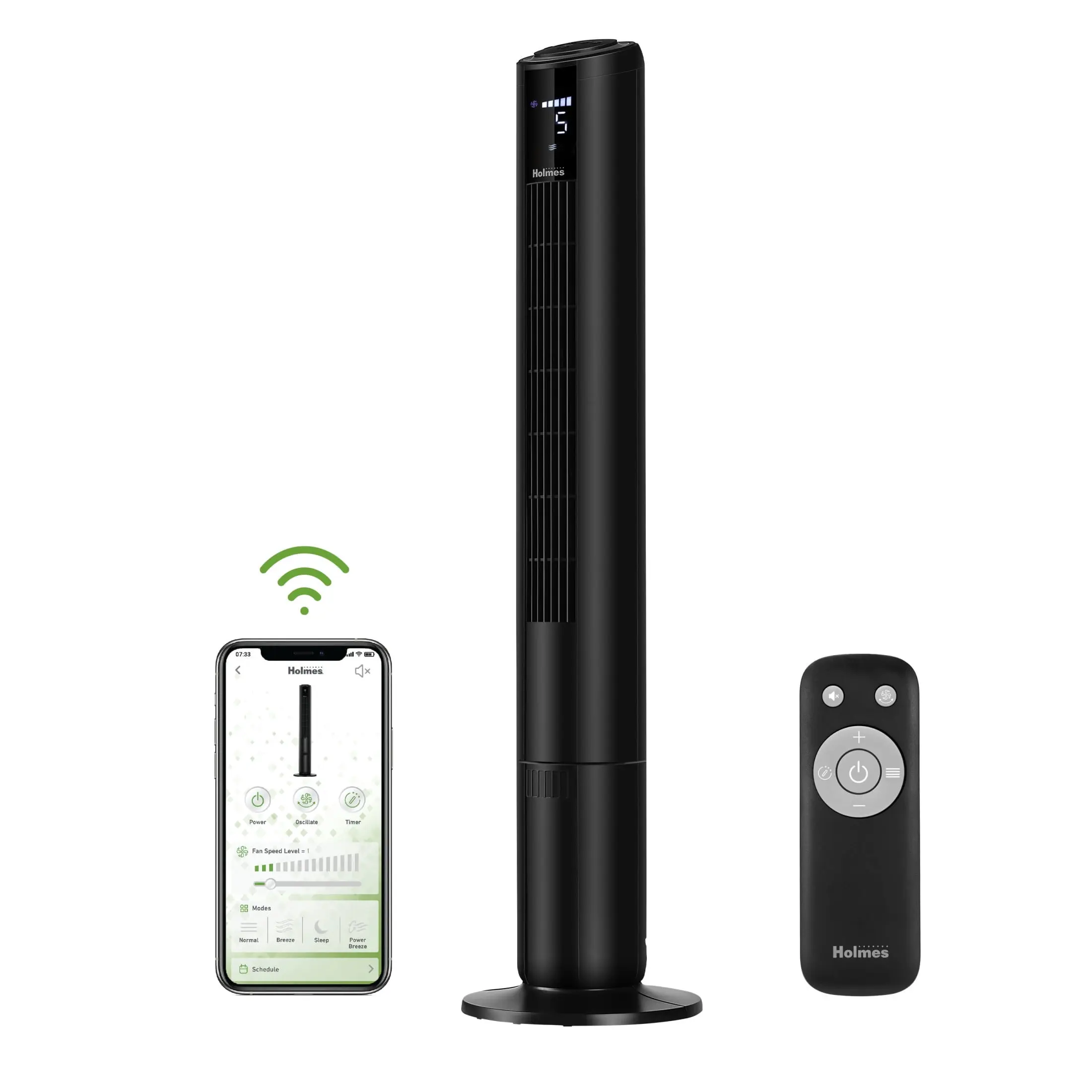 Holmes 42" SmartConnect Tower Fan, ClearRead Display 5 Speeds Remote Black