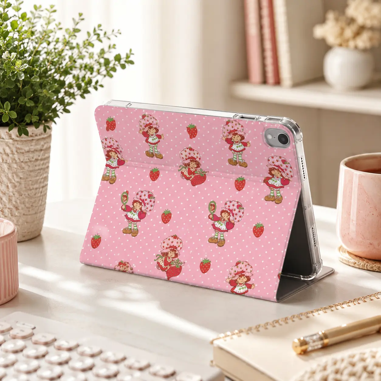 Cute Pink Strawberry Girl iPad Case, Clear Back Tri-Fold Stand Cover, Kawaii Polka Dot Tablet Case with Protective Corners