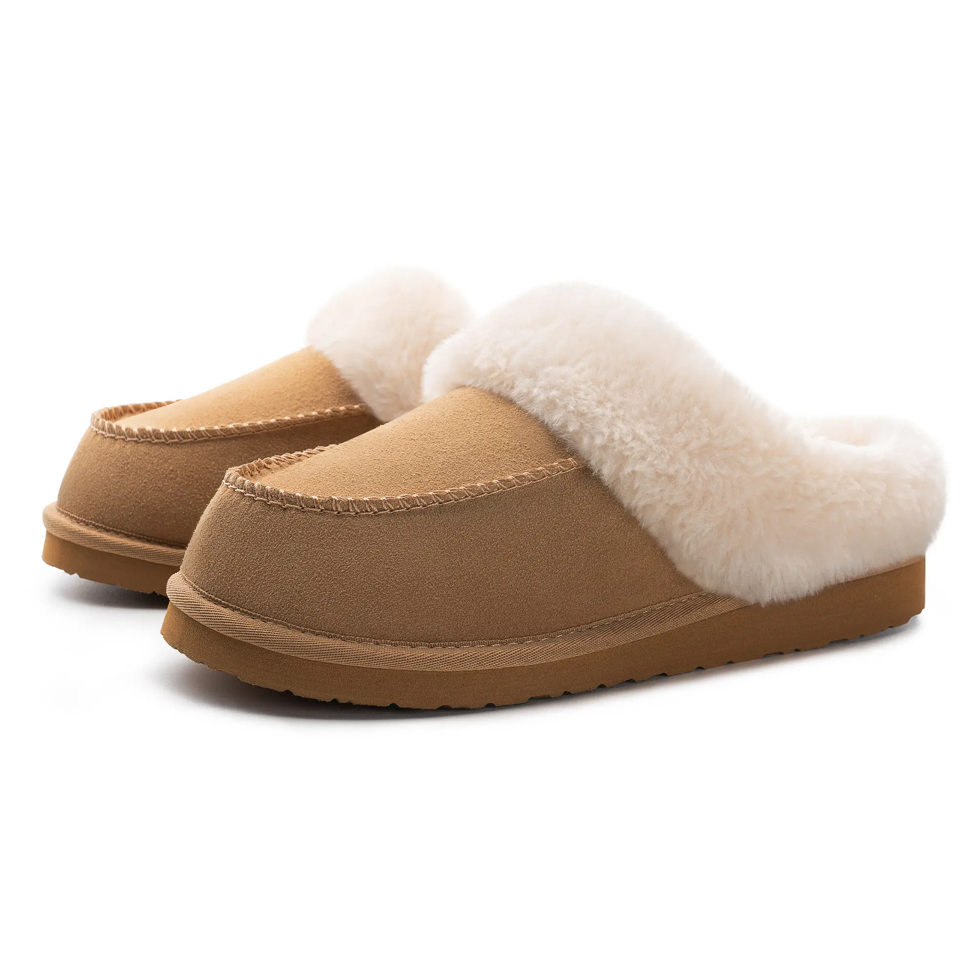 FITORY Women's Fluffy Cuff Scuff Slippers, Suede Warm Fur Lined Slip On, Flat Non Slip Sole for Indoor & Outdoor Daily Casual Wear