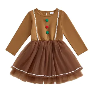 Toddler Girl Christmas Gingerbread Dress Long Sleeve Tulle Dress