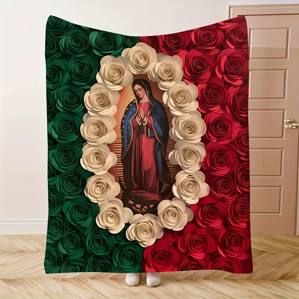 Our Lady of Guadalupe Mexican Flag Blanket | Virgen Mary Throw | Guadalupe Virgin Mary Rose Blanket | Mexican Aesthetic Throw | Our Lady of Guadalupe Blanket | Perfect Religious Gift for Mexican Families
