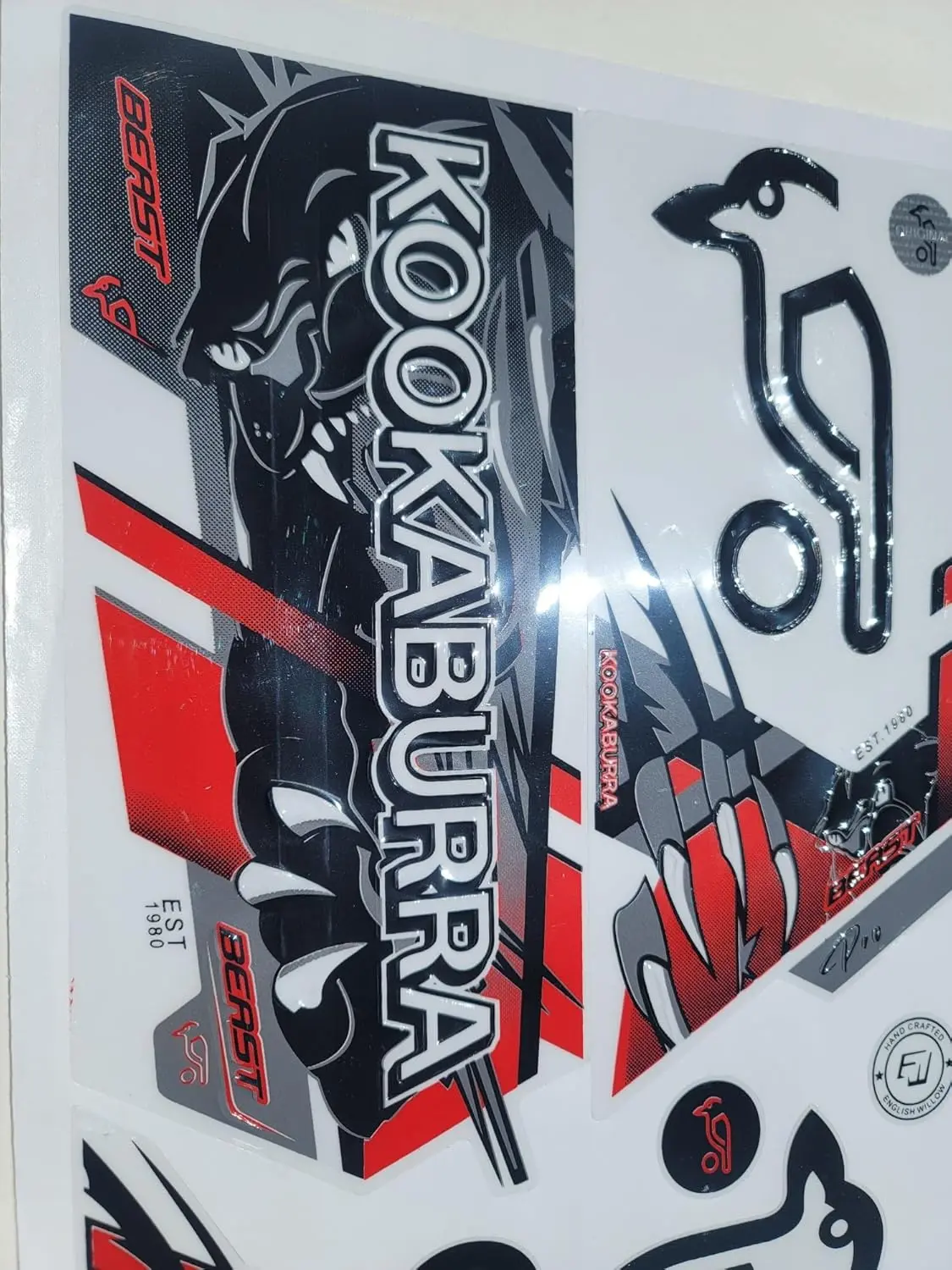 Cricket BAT Sticker for KOOKABURA Beast  3D Embossed | English Willow | RED & Black