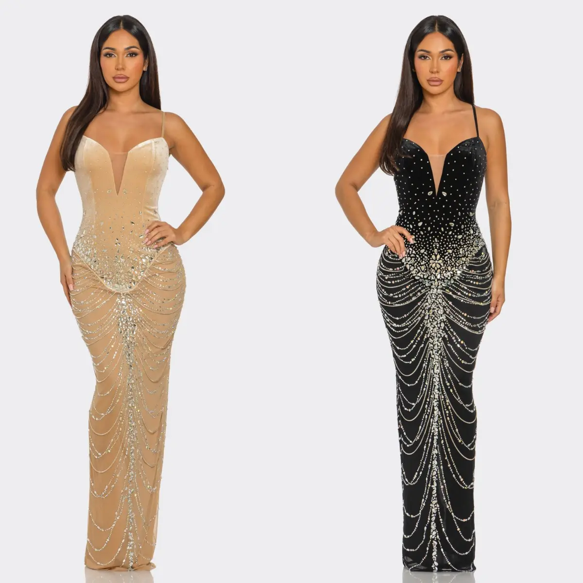 La Belle Rhinestone Embellished Draped Chain-Like Maxi dress Formal Piece black dresses women