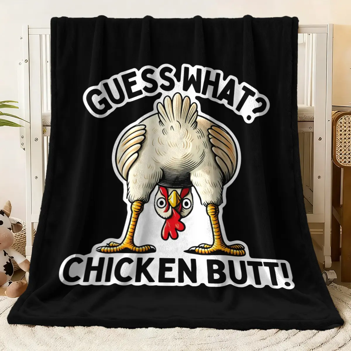 Funny Chicken Graphic Figure Print Blanket - "Guess What? Chicken Butt!" Humorous Print Soft Throw Blanket for Couch Bed, Multi - Size Available