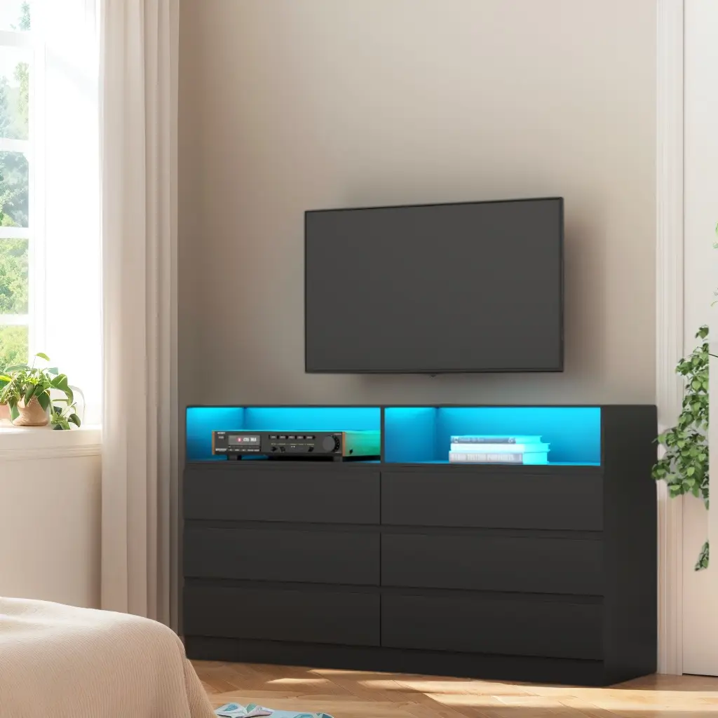 6 Drawer Double Dresser with Power Outlet, Accent Chests of Drawers with LED Light, Modern White Storage Dresser with Charging Station drawer cicada