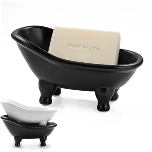 1 count 5.6" Black Ceramic Mini Bathtub Soap Dish Small Planter Makeup Organizer Container Hamster Bathtub (Black)