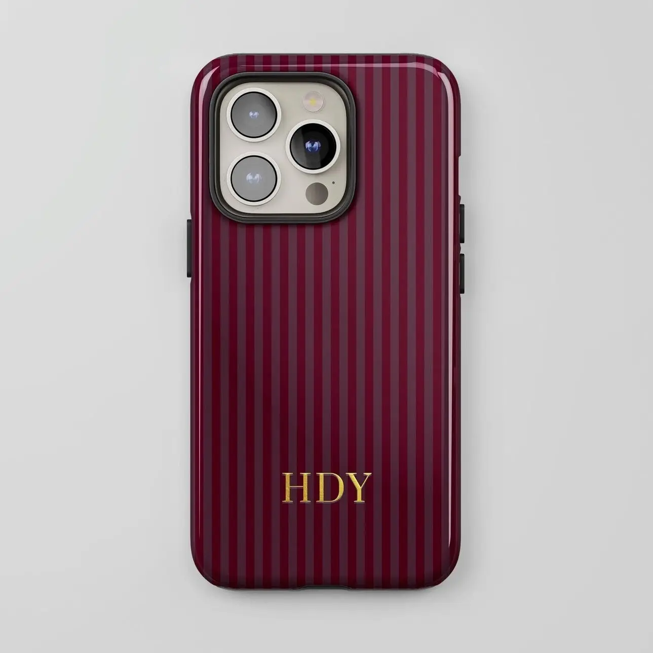 Customized Polycarbonate Smartphone-Cellphone Protector Cover - Protective, Burgundy Stripes, Gold Monogrammed Initials, Cute Minimalist Design, Wireless Charging Compatible for iPhone 17,16,15,14 | Mobile Phone Accessories, Printing