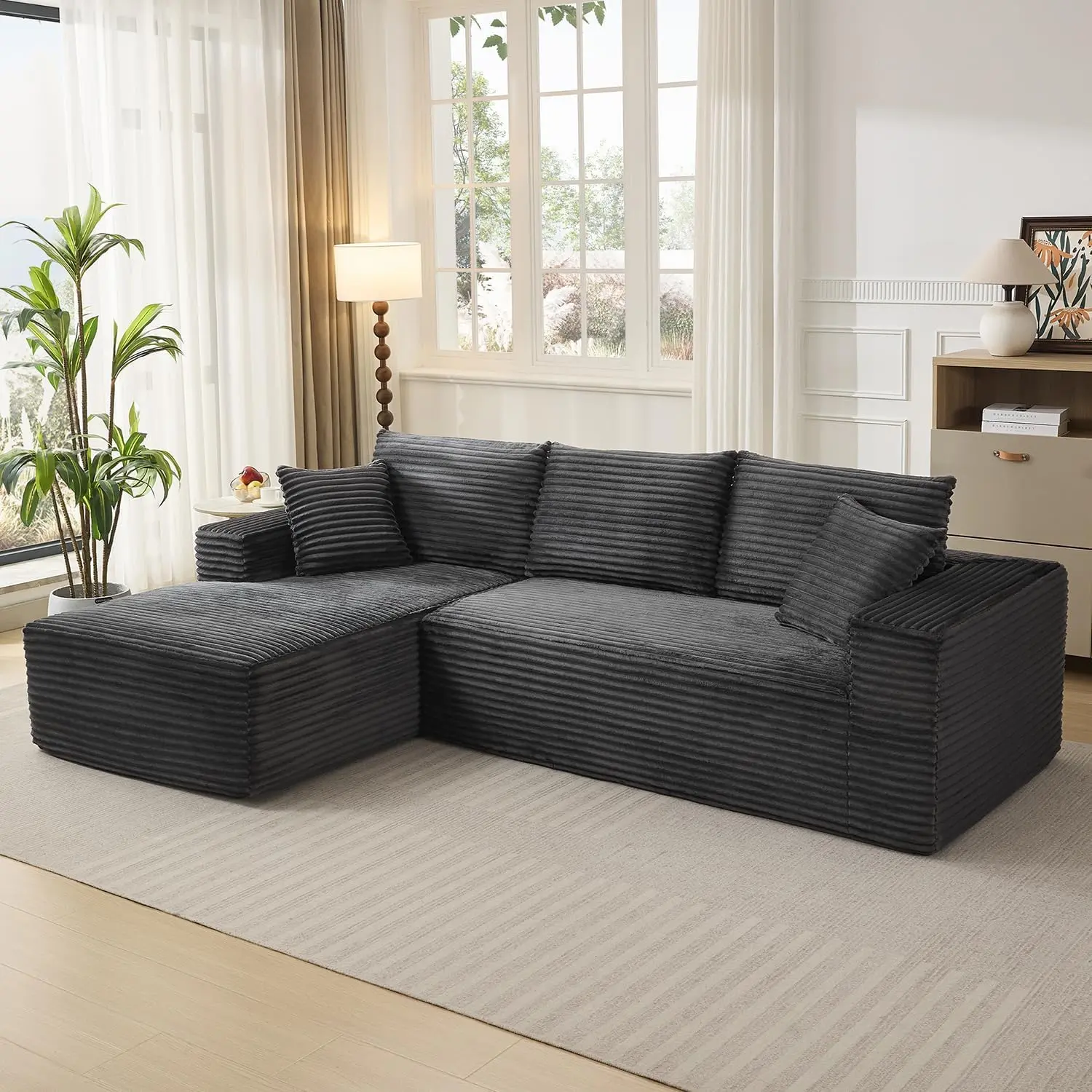 Garvee 108" Modular Cloud Sectional Sofa – L-Shaped Left-Facing Chaise, Deep Seat Boneless Corduroy Couch, Modern Living Room Furniture, No Assembly Needed – Dark Gray (Corduroy | Lie on your left