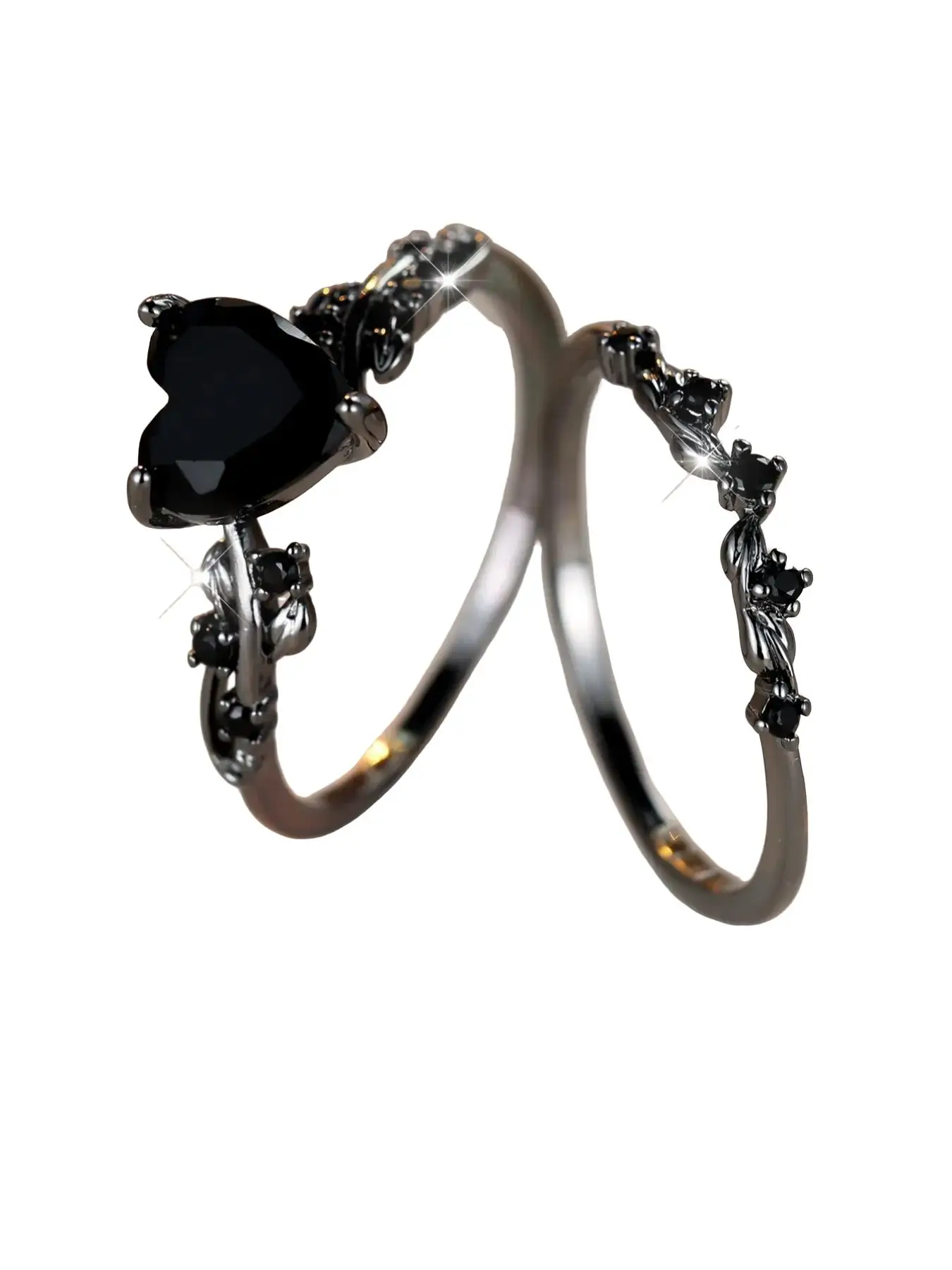 Punk Gothic Style Leaf Design Copper Inlaid Zircon Ring, with Heart Shaped Zircon Decor Promise Ring, Gifts for Wife, 2 Counts Vintage Rhinestone Ring