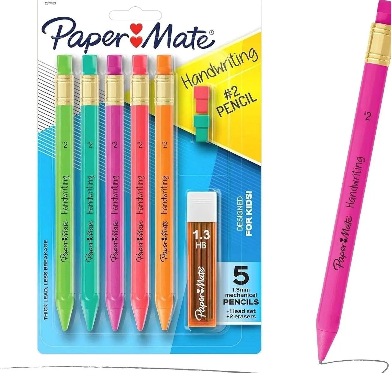Paper Mate Handwriting Triangular Mechanical Pencils with Lead & Eraser Refills, 1.3mm, Fun Barrel Colors, 5 Count - School Supplies, Kids Writing