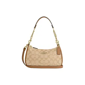 Coach Teri 24 Medium Monogram Canvas and Leather Tote Bag with Zipper Closure for Women in Gold and Light Khaki