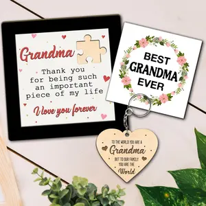 Grandma Wooden Plaque Sign, Puzzle Sign & Heart Shaped Keychain Set for Grandma, Mothers Day Gifts for Grandmother from Grandkids, Sentimental I Love You Keepsake Gift for Grandmother from Kid Toddler