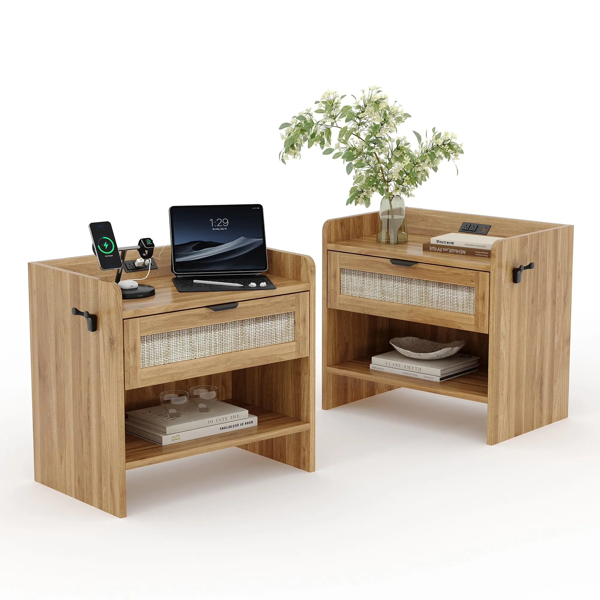 Boho Rattan Mismatched Nightstands 2-Piece Set - Plastic Accents, Type-C Charging Ports, Drawer, Open Shelf, 23.6" Wide Rectangular Top Charging Station - Modern Indoor Bedroom Furniture, 1 X Accessory Kit, 2 X Rattan Nightstands