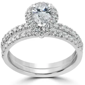 F/VS 1.60 Ct Pear Diamond Engagement Ring Set 14k White Gold Halo Lab Grown