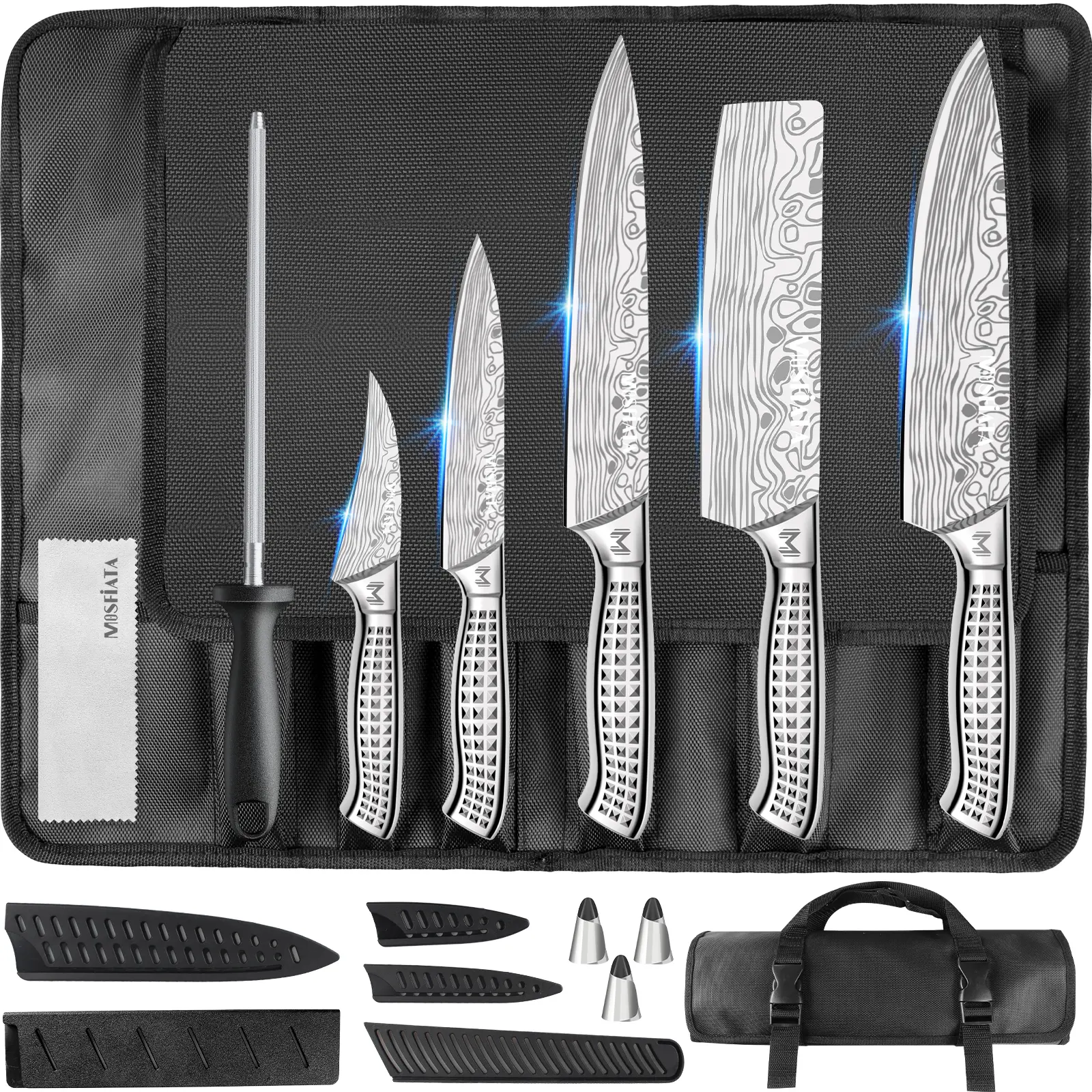 MOSFiATA 10-Piece Hand-Forged Japanese High-Carbon Stainless Steel Kitchen Knife Block Set - Durable Kitchenware with Sharp Blade, Cutting Chef Tools, Gift-Ready Box, Sharpening Tool, Finger Guards, Carrying Bag, Knives, Daily Kitchen Use, Rustproof, Dish