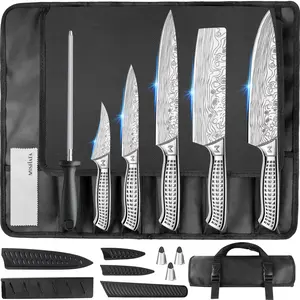 MOSFiATA 10-piece Japanese high-carbon steel knife set - Includes a full range of kitchen knives for chefs and outdoor use, a sharpening tool, and a carrying bag.