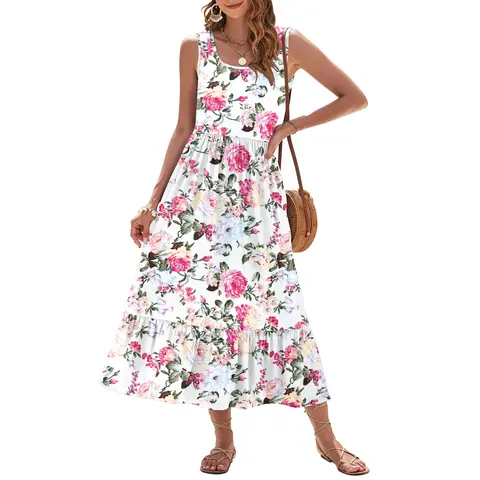 AUSELILY 2026 Womens Summer Dresses Sleeveless Maxi Dress Square Neck Casual Tiered Swing Dress with Pockets Summer Dress Sunshine Floral