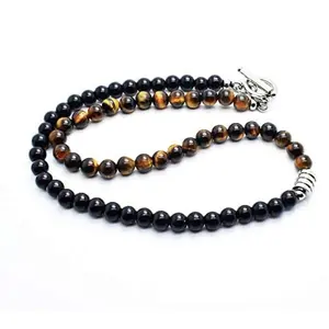Handmade Tigers Eye Onyx Beaded Necklace | Natural Gemstones Healing Crystal Jewelry | Brown Tiger's Eye/Black Onyx