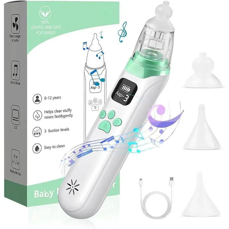 Electric Nose Aspirator for Babies, Gentle Rechargeable Nasal Suction Tool, Helps Clear Stuffy Noses, 3 Silicone Nozzles, Calming Music and Light Features