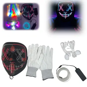 Halloween Led Light Up Scary Mask and Gloves for Halloween Cosplay Costume (Red & Blue), 3 Modes Glow in The Dark Mask for Adult Women Men Boy Girl Trick or Treat, Party Dress Up Accessory Gift