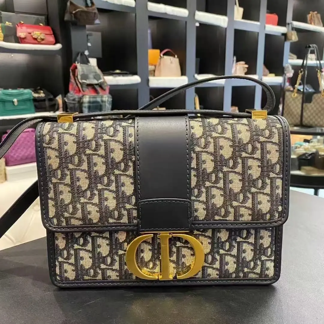 Pre-owned Dior 30 Montaigne Flap Bag in Blue Oblique Jacquard, Original Size, Gold Tone Hardware XH136