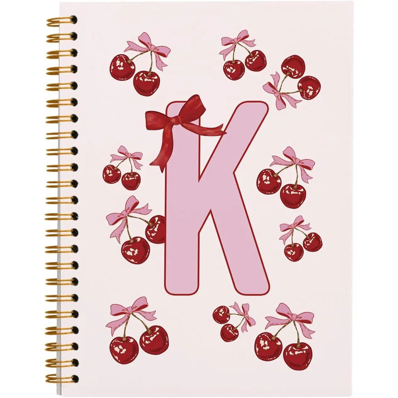 Personalized Initial   Bow Notebook Journal, Custom Cute Cherry Notebook for School Women Girls, Customized Gifts, Monogrammed Gifts for Women, Spiral Notebook 5.5 x 8.3(Letter K)