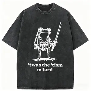 Focused Samurai Frog Washed T-Shirt,Unisex Oversized Crew neck Acid Wash T-Shirt & Sweatshirt,High-Quality Print,Casual Comfort Breathable Long Sleeve for Streetwear Fashion Men and Women's Top  Shortsleeve