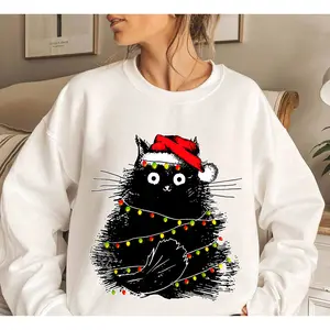 Fluffy Cats with Santa Hat Xmas Lights Christmas Sweatshirt, Cute Christmas Gifts Fluffy Cats Jumper, Christmas sweatshirt Family Presents, Christmas Black Cat Sweatshirt, Meowy Christmas Shirt, Christmas Cat Sweatshirt, Cat Lover Christmas Gift