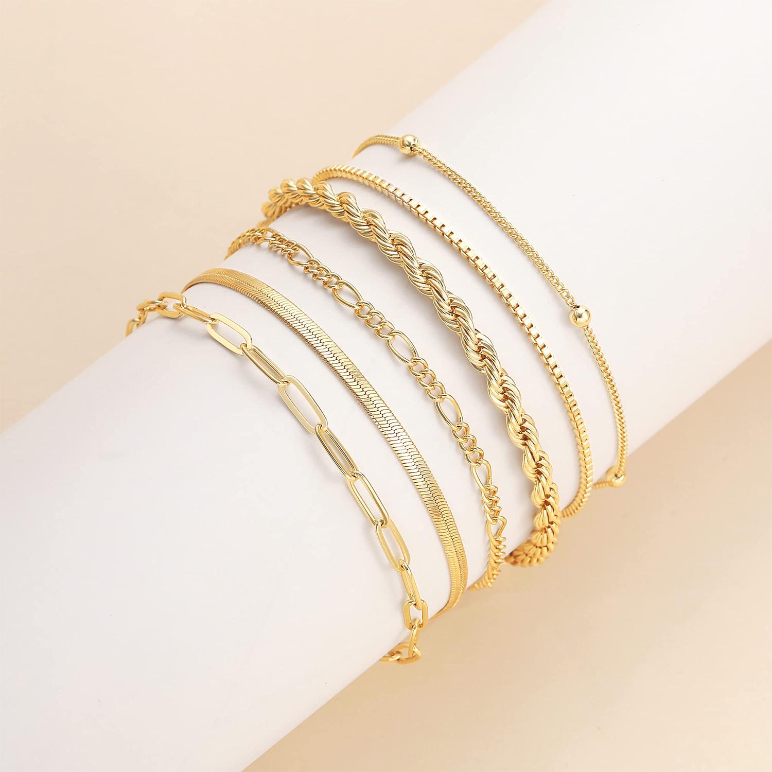 FREEKISS Gold Dainty Bracelets For Women Trendy Jewelry Set For Women Paperclip Box Herringbone Figaro Rope Chain Bracelet Fashion Pack Gifts outdoorfun Elegant Minimalist Bangle Adjustable Minimalist Bangle bracelet stack summerwins