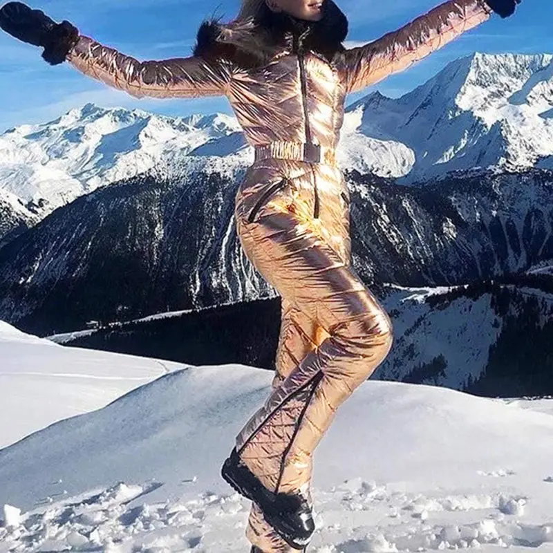 Fisoew Female 1-Piece Ski Suit - Color Block Pattern, 5 Sizes, Warm Fleece, Waterproof Shell, 4-Way Stretch, Boot Zippers for Speed Entry, Ventilation Zones, Ideal for Downhill Skiing, Snowboards, Mountaineering Outerwear