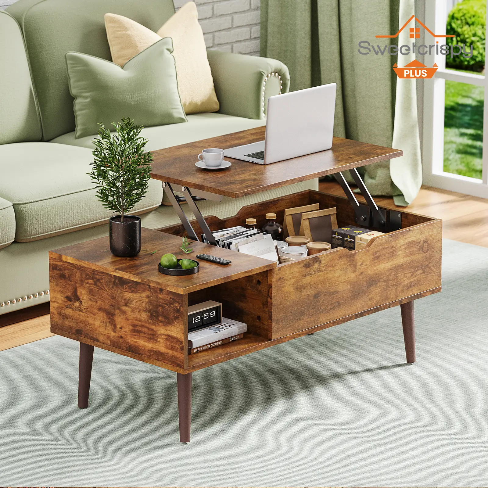 Coffee Table, Lift Top for Living Room, Rising Tabletop Wood Dining Center Tables with Storage Shelf and Hidden Compartment