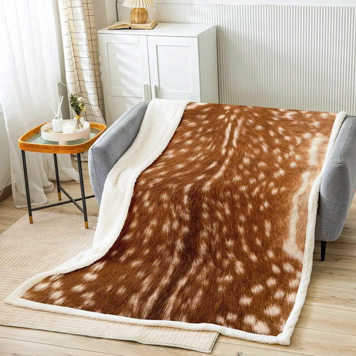 60"x80" Soft Brown Deer Print Microfibre Sherpa Throw - Non-Real Fur, Modern Woodland Animal Design, Durable, Machine Washable, Warm, Indoor/Outdoor Couch Use, Rustic Farmhouse Decor, Low-Temp Tumble Dryable Housewarming Gift
