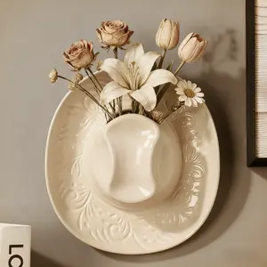 Ceramic Cowboy Hat Wall Hanging Vase Understated Elegance Rustic Brown Flower Pot Art Wall Decor for Living Room Office