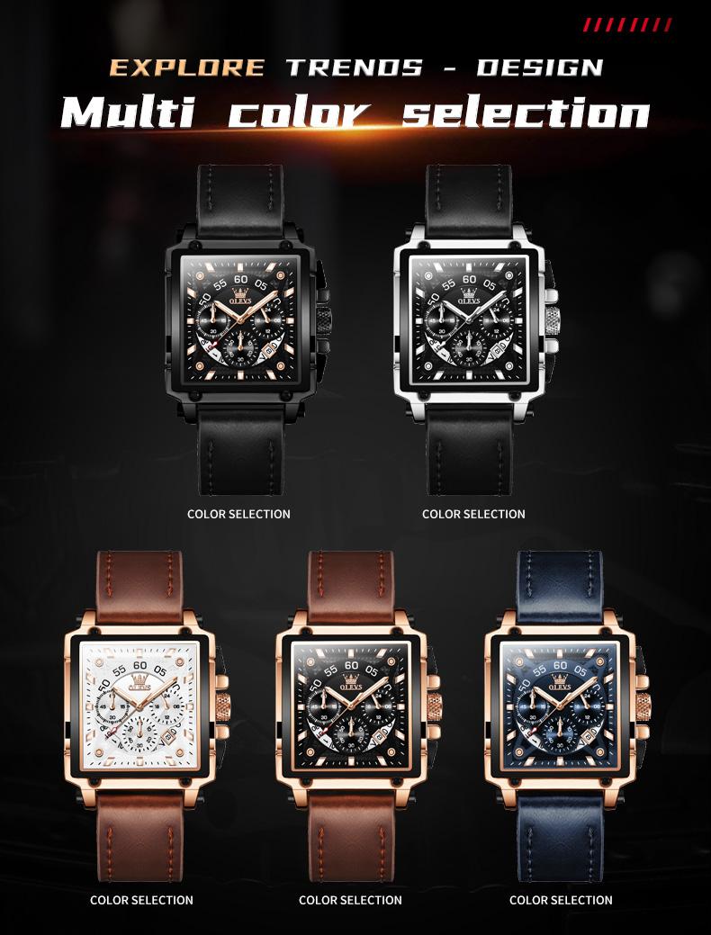 OLEVS 9919 Chronograph Multifunctional Quartz Men's Watch Leather strap 45MM Square Big Dial Leisure Sports TOP Brand Male Watch