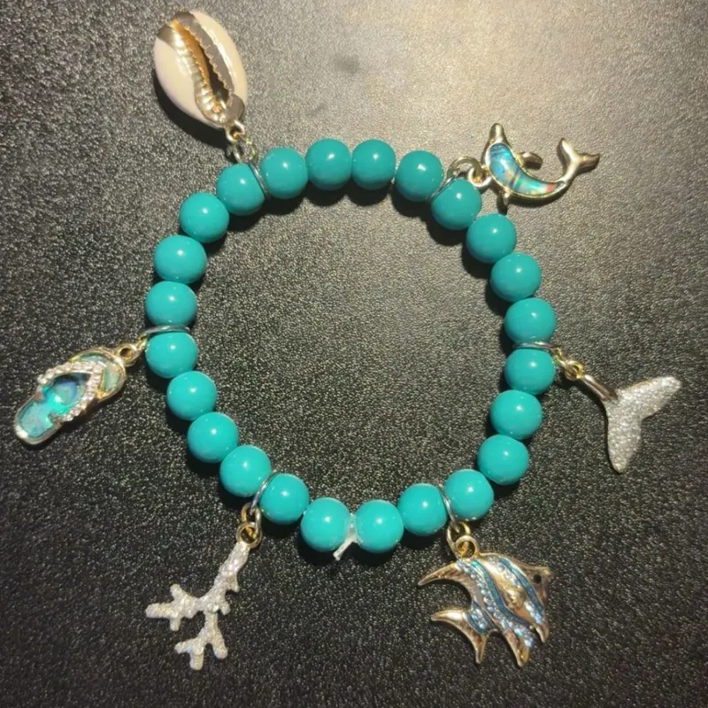 Seas - Blue Beads Bracelet with Dolphin, Flip Flop, and Coral Charms - Ideal for Women