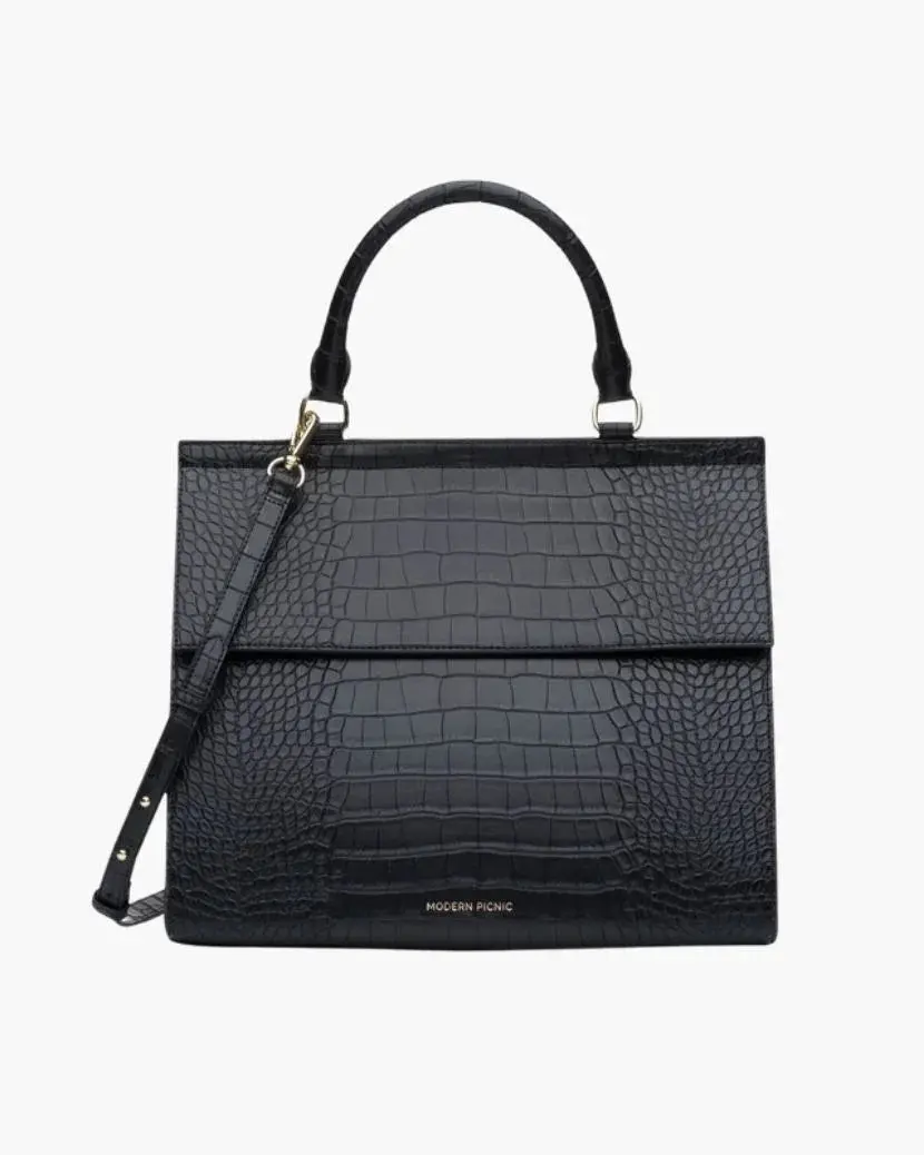 Modern Picnic Vegan Leather Trendy Insulated Lunch Bag for Women Black Croc | Cute Large Work Lunch Bag with Adjustable Strap, Wipeable Cooler Tote for Office & Outdoor, Black | As Seen on Shark Tank