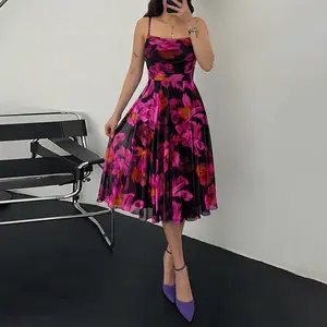 ChicMe Women's Vintage Oil Painting Floral Print Cowl Neck Adjustable Spaghetti Straps A Line Mesh Dress Elegant Cinched Waist Ruched Zipper Back Party Dress