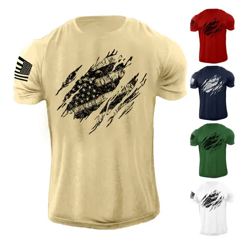 USA Flag Military Patriotic Graphic Tee for Men - 100% Cotton - Fabric, Menswear Casual Crewneck Shortsleeve Soft Streetwear T-Shirt