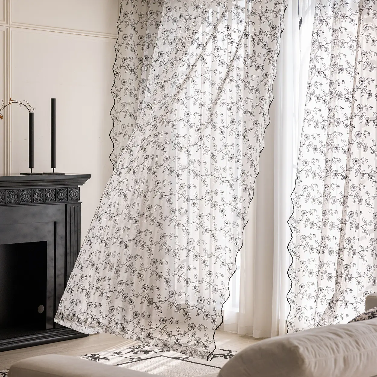 French-style vintage black no-drill embroidered bay window floor-to-ceiling small window curtains for living room and bedroom, black and white sheer curtains