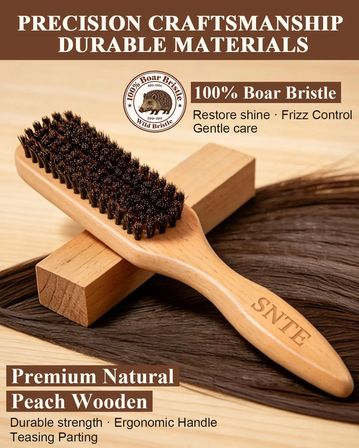 100% Boar Bristle Slick Back Hair Brush | Natural Peach Wood Handle | Restores Shine, Controls Frizz, Smooths Flyaways | Teasing Adds Volume Styling Tool | For Sleek Ponytails, Buns & Beard Grooming