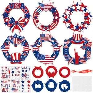 36-piece patriotic wreath craft kit for DIY Fourth of July paper crafts, including American flag stickers and hanging ornaments; suitable for Independence Day art activities and home decor supplies