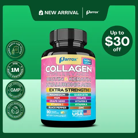 PARROX Collagen Supplement - Type I, II, III, V and X - with Biotin, Keratin, Hyaluronic Acid & 13+ Extra Strength Ingredients - 90 Capsules - MADE IN USA