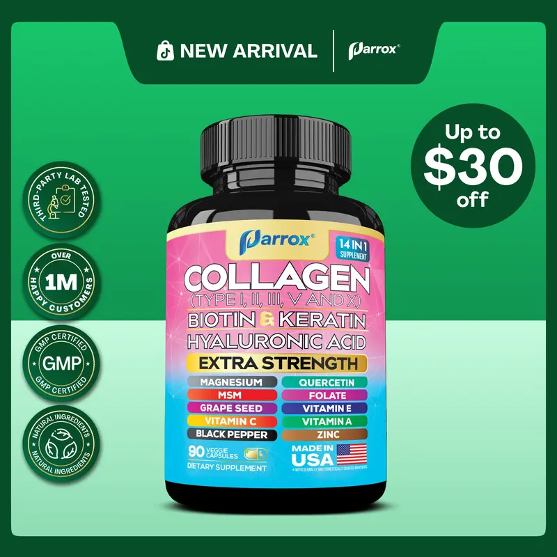PARROX Collagen Supplement - Type I, II, III, V and X - with Biotin, Keratin, Hyaluronic Acid & 13+ Extra Strength Ingredients - 90 Capsules - MADE IN USA