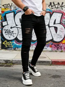 Men's Fashionable Slim-Fit Casual Jeans with Ripped and Patch Design, Stretchy Skinny Pants for All Seasons, Trendy Streetwear Denim Wear
