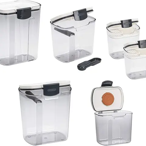 Progressive International Prepworks ProKeeper Kitchen Clear Plastic Airtight Food Flour & Sugar Storage Container Set 6 Piece White with Standard Lid & Gray Latches